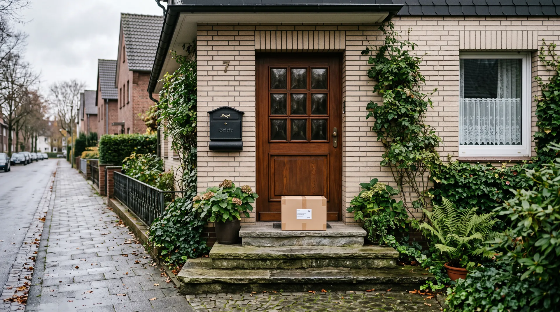 Paketkarton auf der Stufe vor einer Haustür, daneben ein Briefkasten an der Hauswand