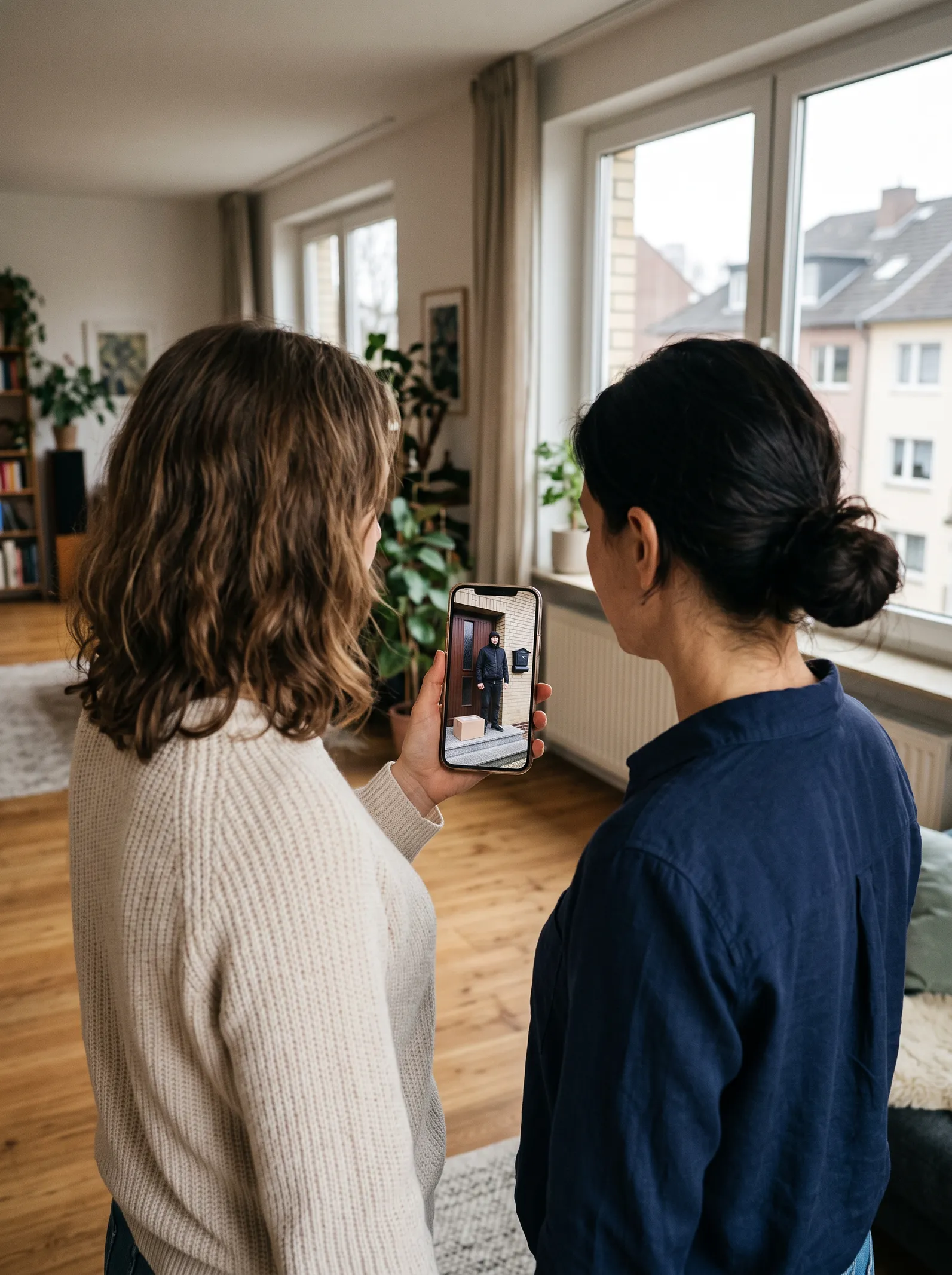 Zwei Frauen von hinten, sie schauen auf ein Smartphone, das die Kameraaufnahme eines Mannes vor der Haustür zeigt