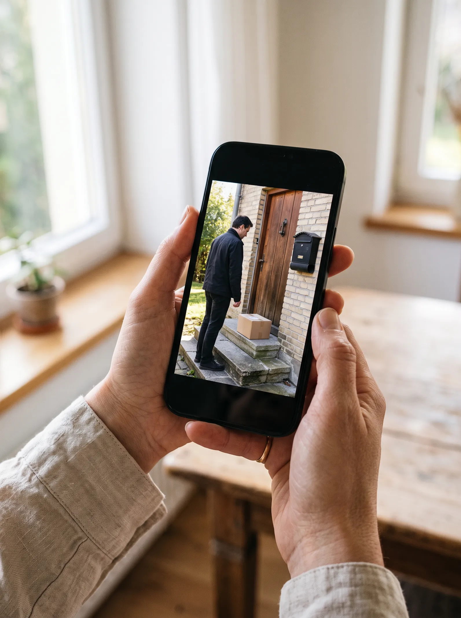 Hände halten ein Smartphone, auf dem ein Mann neben einem Paket vor einer Haustür zu sehen ist